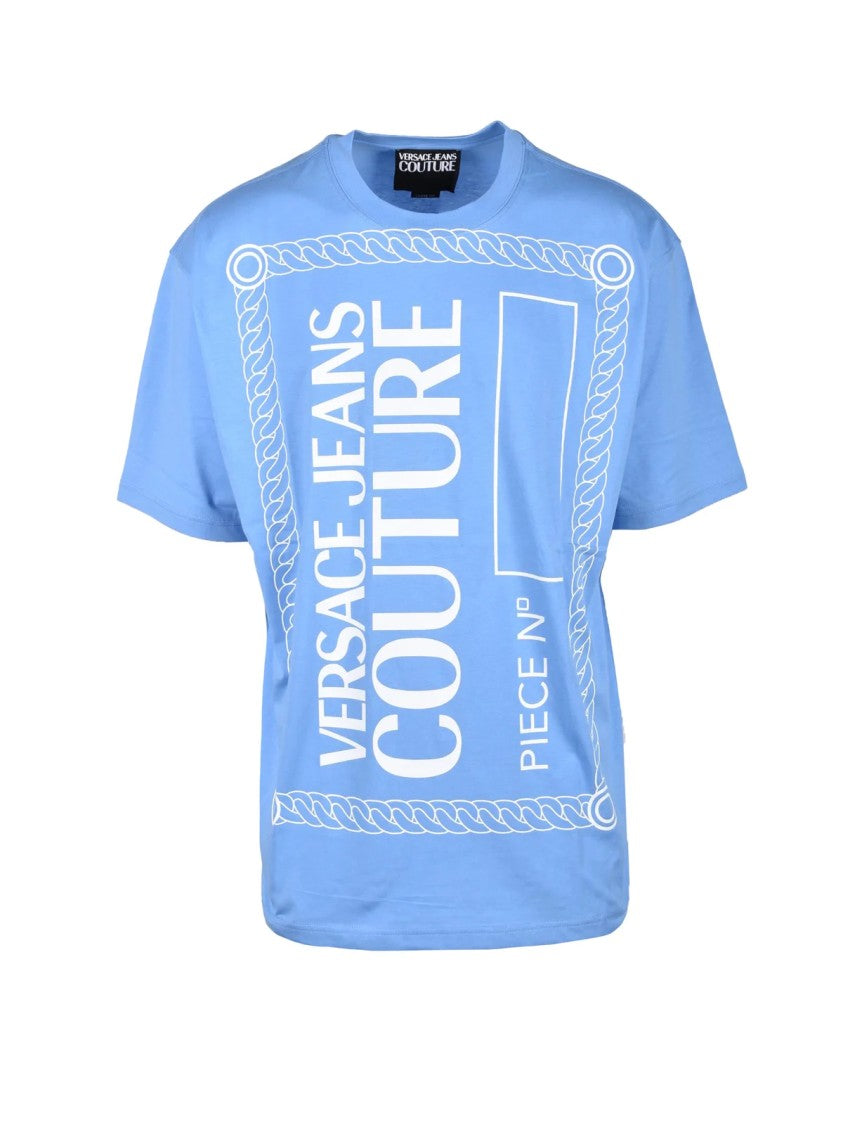 Versace Jeans Couture Short-Sleeve Light Blue Cotton T-Shirt With Graphic Print