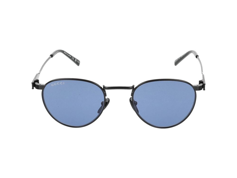Gucci Black Striped Temples Round Metal Sunglasses