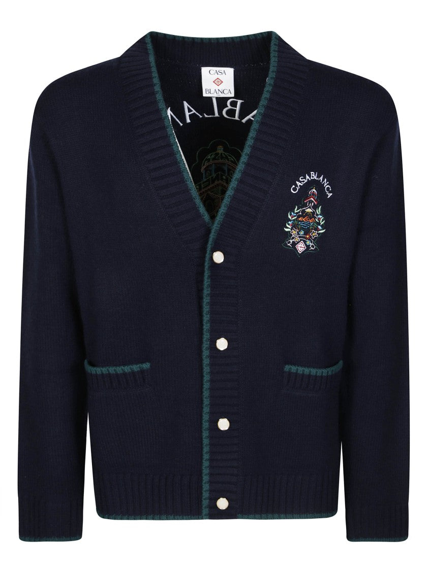 Casablanca Embroidered Blue Knit Cardigan With V-Neck Design