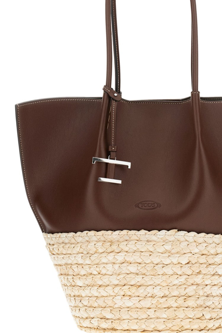 Tod's Medium Leather And Straw Shopping Bag With Removable Metal Charm