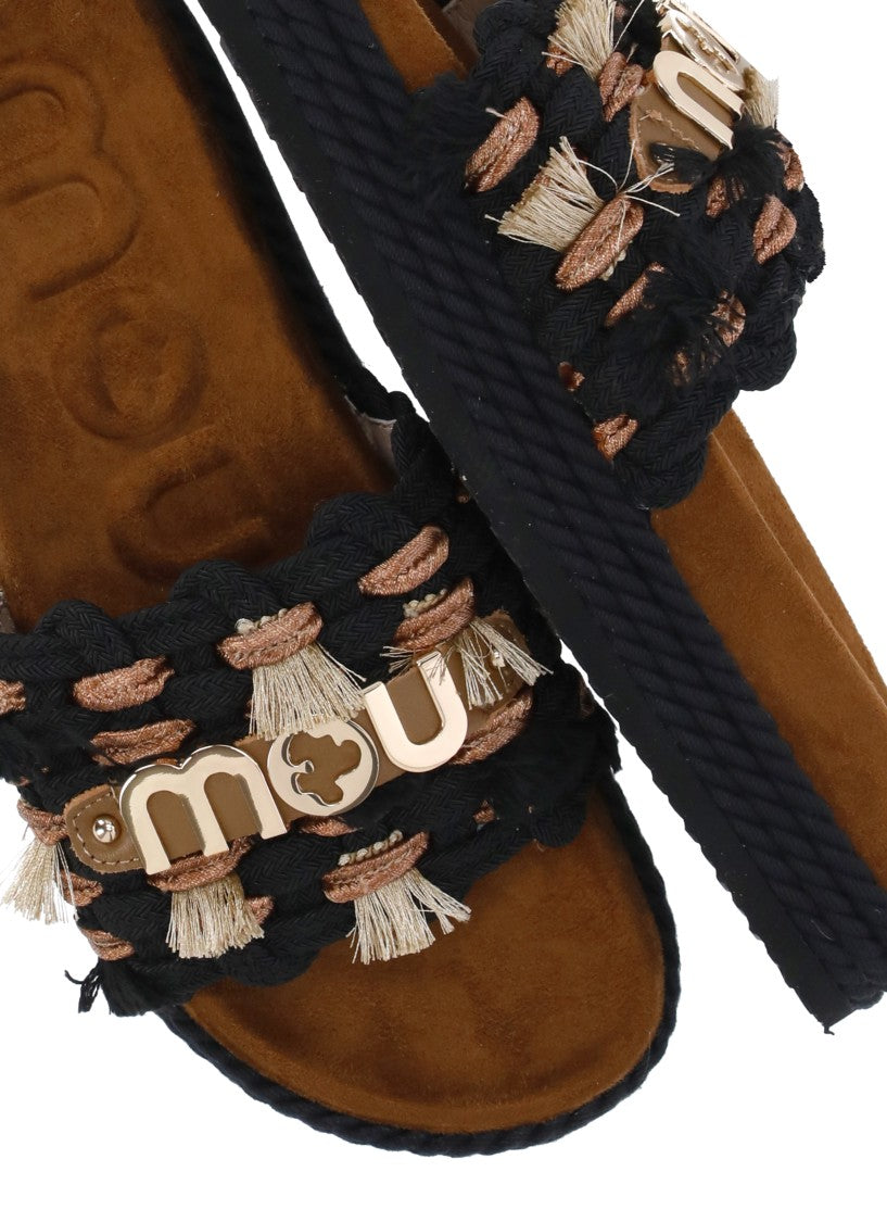 Mou Black Leather And Fabric Sandals