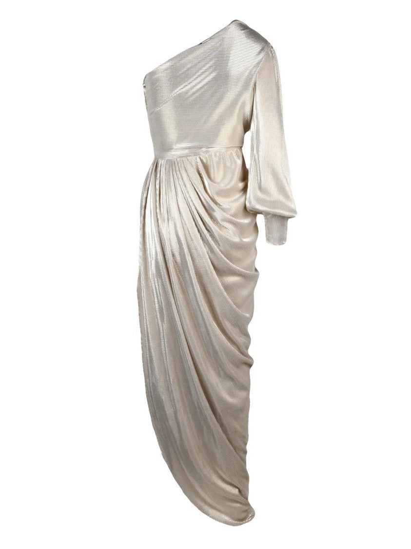 Rhea Costa Silver Polyamide One-Shoulder Lamé Long Dress