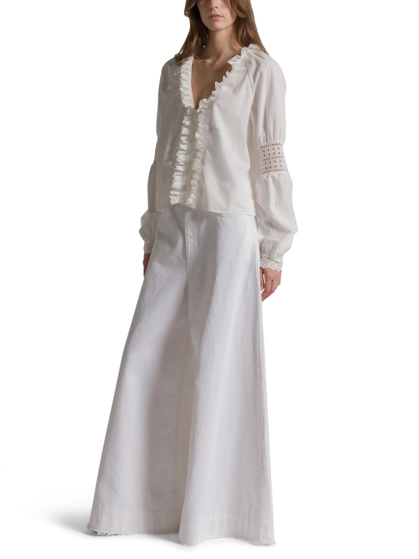 Alberta Ferretti Cropped White Blouse With Ruffled V-Neckline