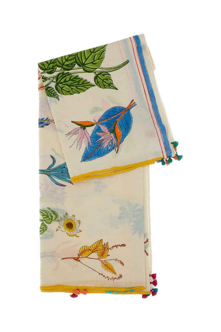 Injiri Multicolor Botanical Print Cotton Scarf With Tassel Detailing