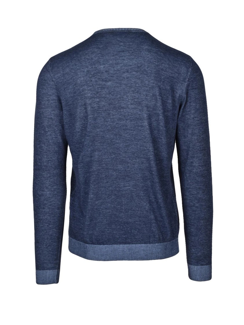 Fama Blue Textured Cotton Crewneck Sweater