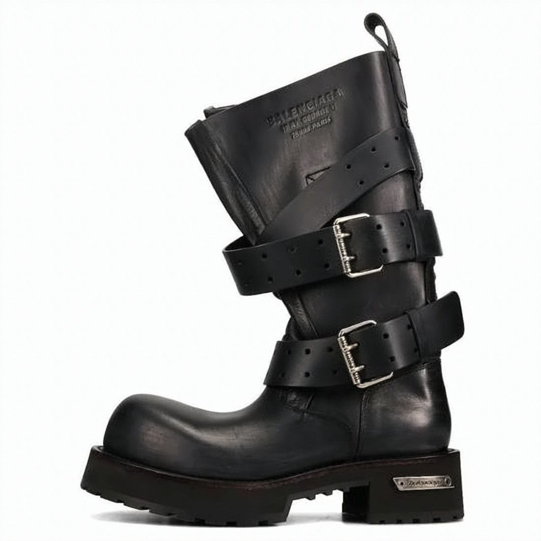 Balenciaga Mid-Calf Black Cow Leather Boots With Silver Buckle Straps