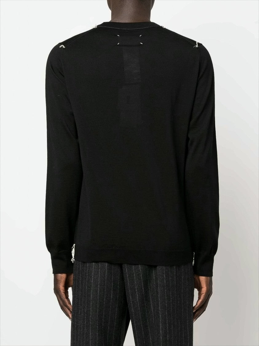 Maison Margiela Tailored Black Wool Knit Sweater With Signature Stitching
