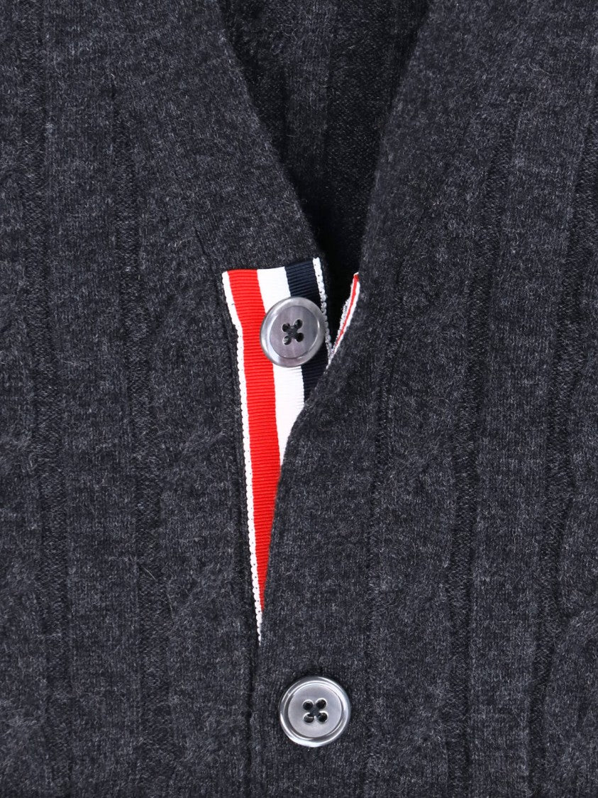 Thom Browne Grey 4-Bar Cable-Knit Cashmere V-Neck Cardigan