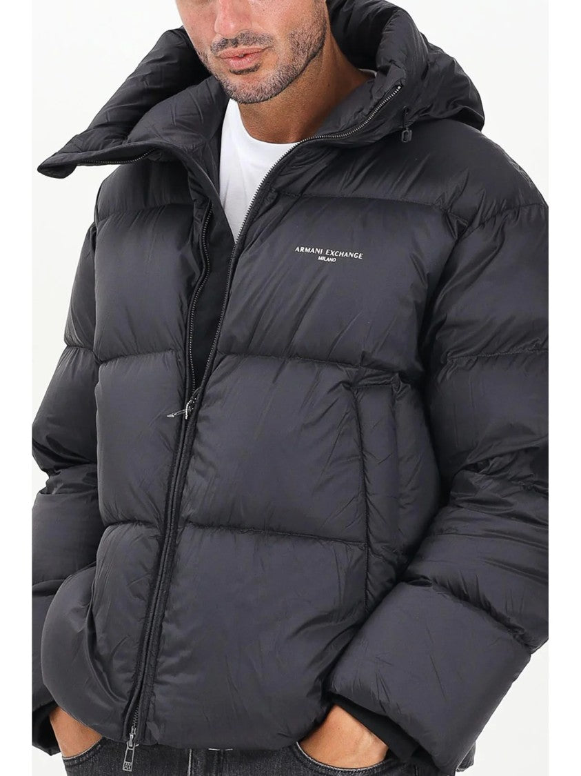 Armani Exchange Black Quilted Hooded Polyamide Down Jacket