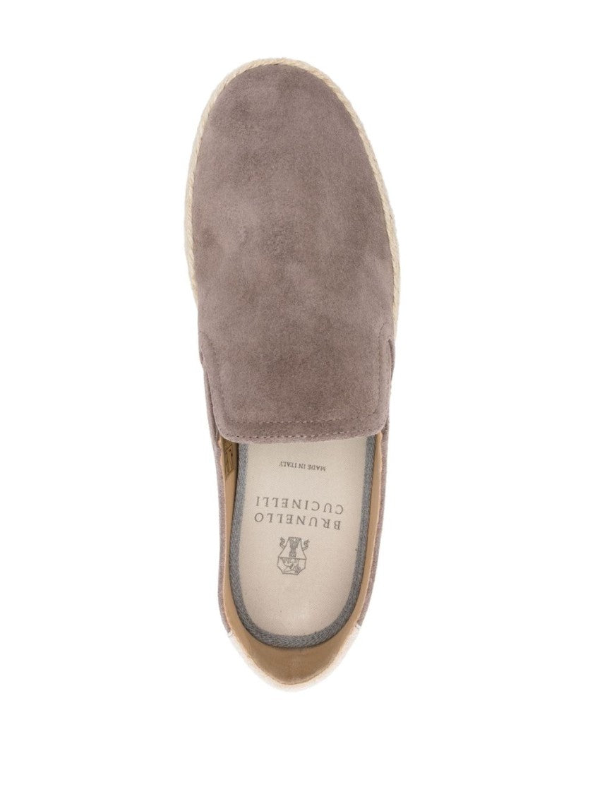 Brunello Cucinelli Taupe Brown Suede Loafers With Elasticated Panels And Jute Detailing