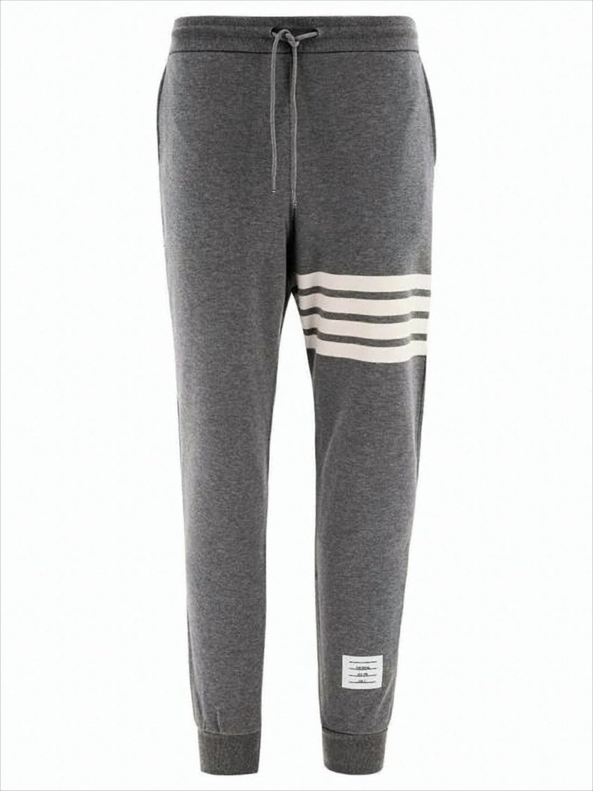 Thom Browne Tapered Grey Cotton Jogger Pants With Ribbed Cuffs And Signature Accents