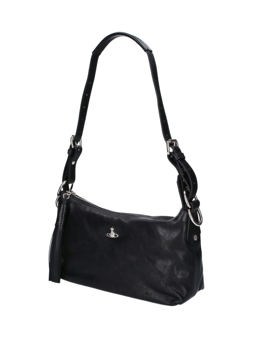 Vivienne Westwood Black Leather Shoulder Bag With Zip Closure And Orb Emblem