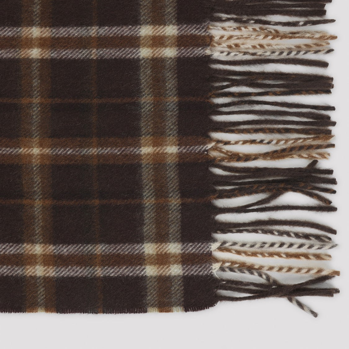 Celine Brown Checkered Cashmere Scarf With Fringed Hems