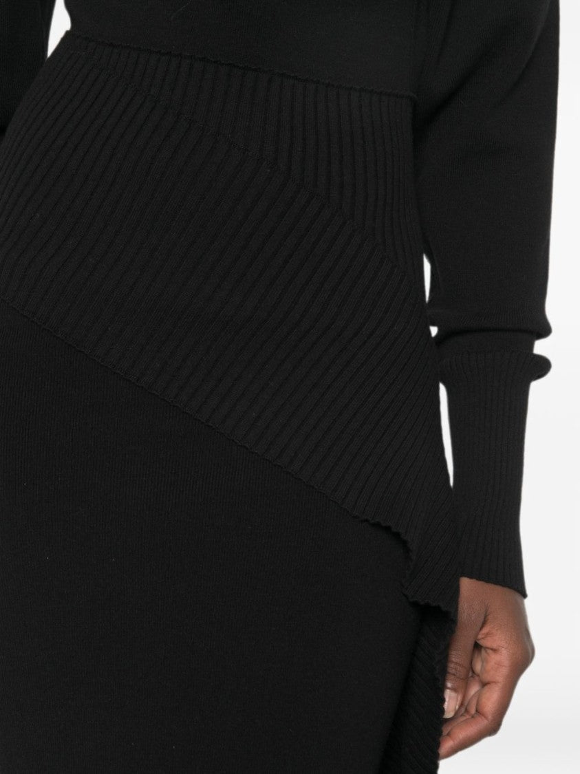 Lanvin Asymmetrical Ribbed Knit Midi Dress - Black