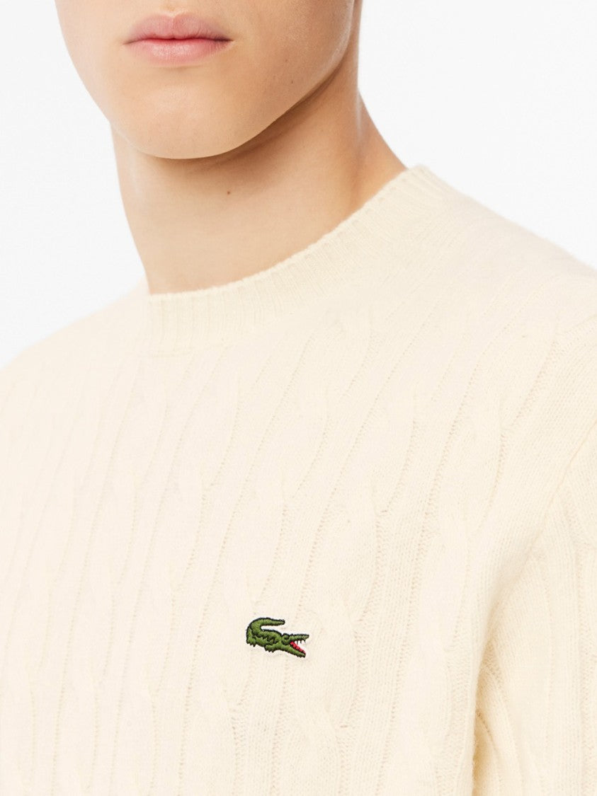 Lacoste Cream Cable Knit Crew Neck Sweater