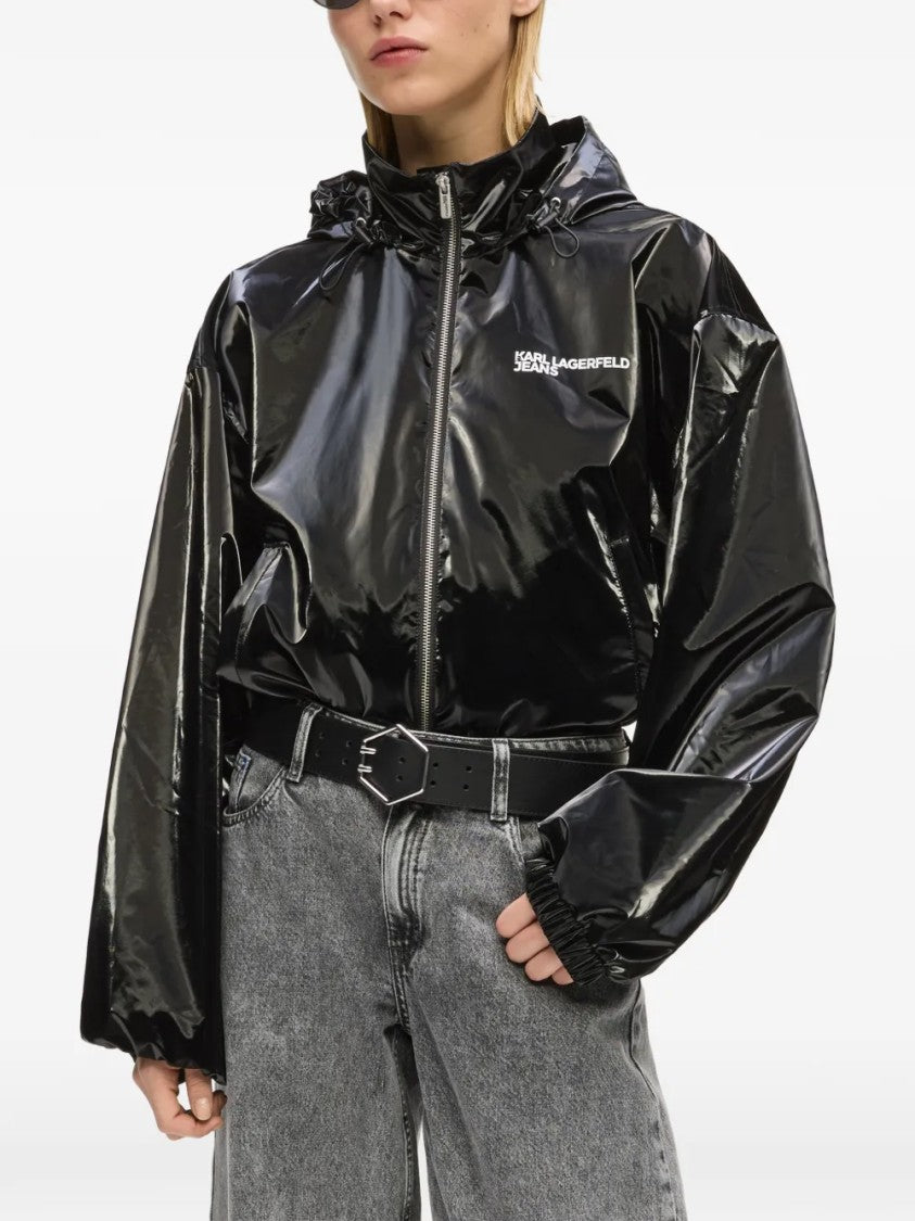 Karl Lagerfeld Glossy Black Cropped Jacket With High Collar