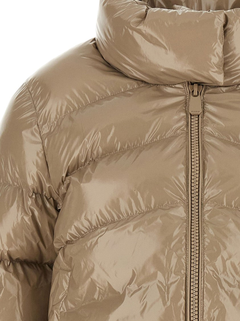 Pinko Beige High Collar Quilted Nylon Down Jacket
