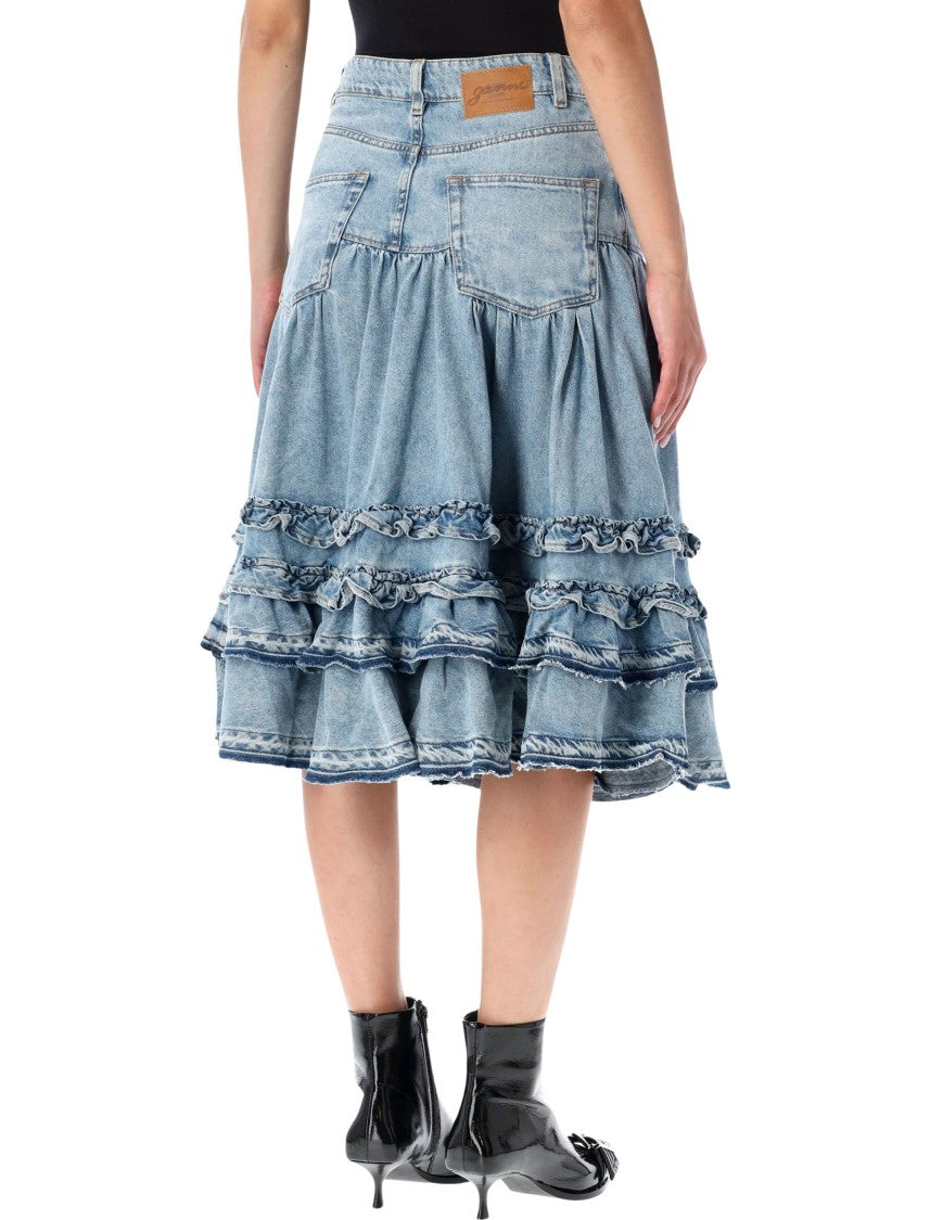 Ganni Flared Denim Midi Skirt With Layered Frill Detailing