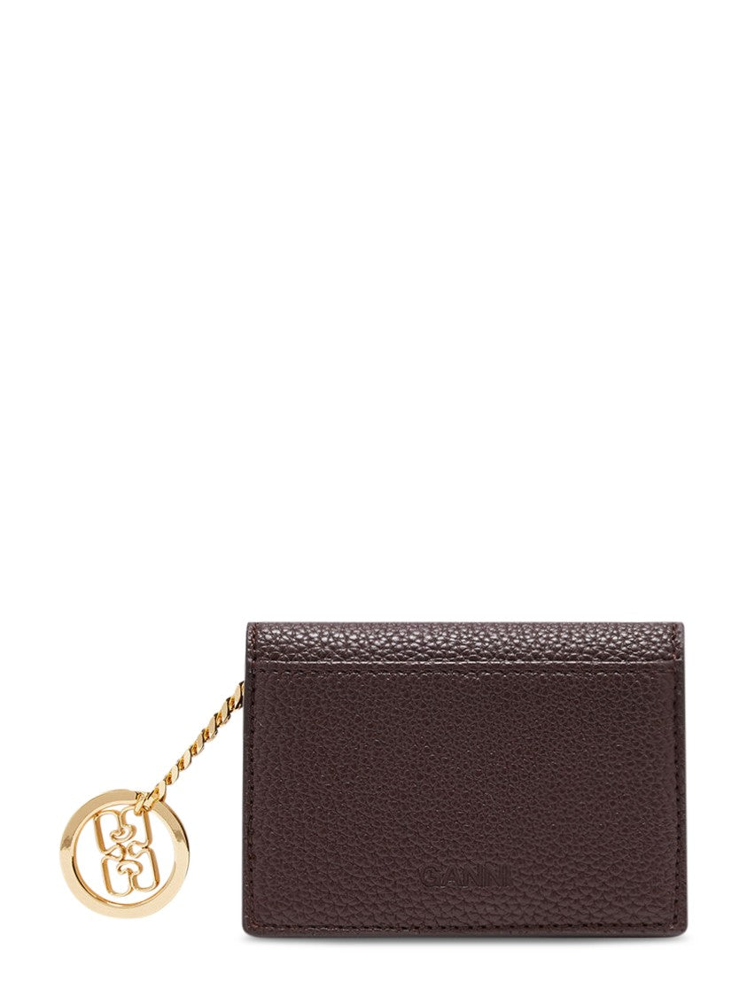Ganni Gold Emblem Keychain Grained Card Holder