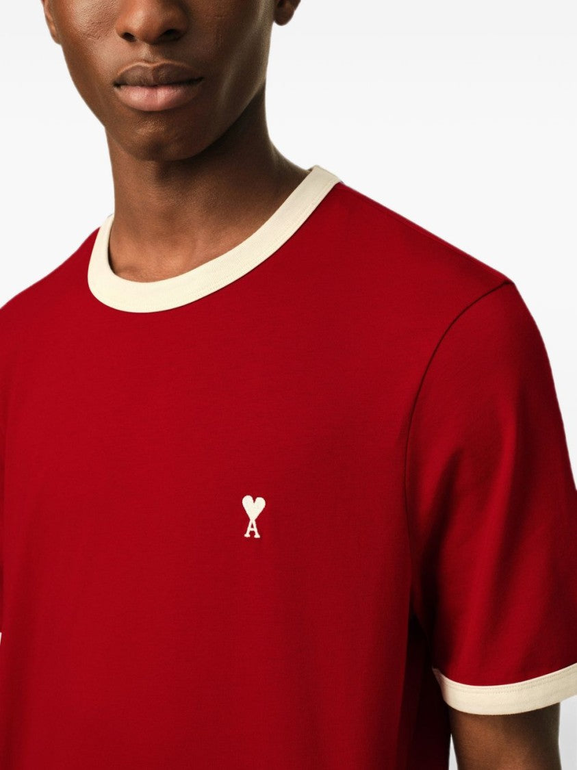Ami Paris Cropped T-Shirt With Red Body And Off-White Ribbed Trims