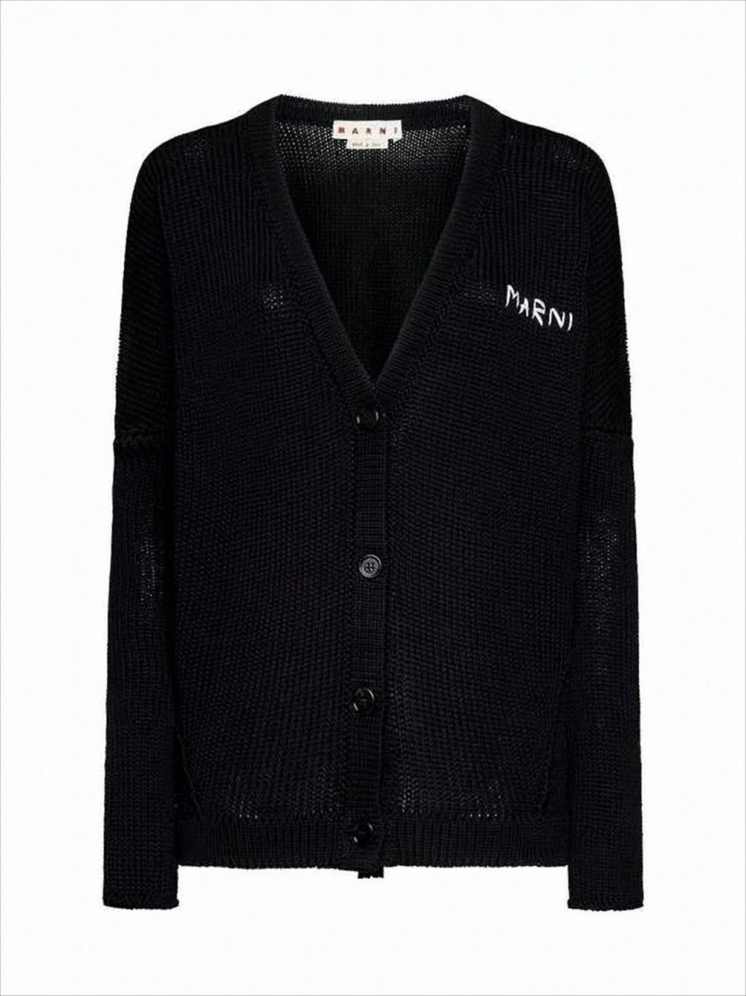 Marni Textured Black Knitted Cardigan With V-Neckline And Embroidered Logo