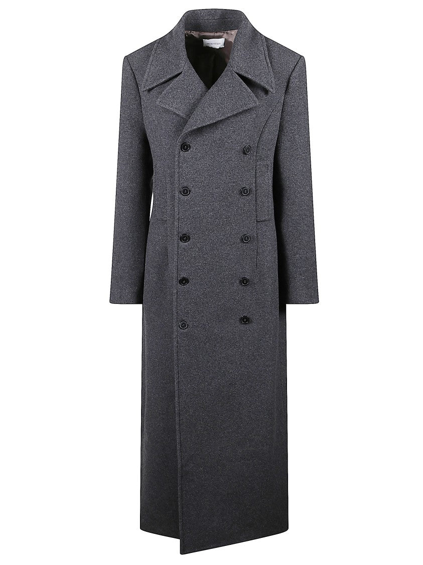 The Nina Studio Long Double-Breasted Coat With Classic Lapels In Grey Wool