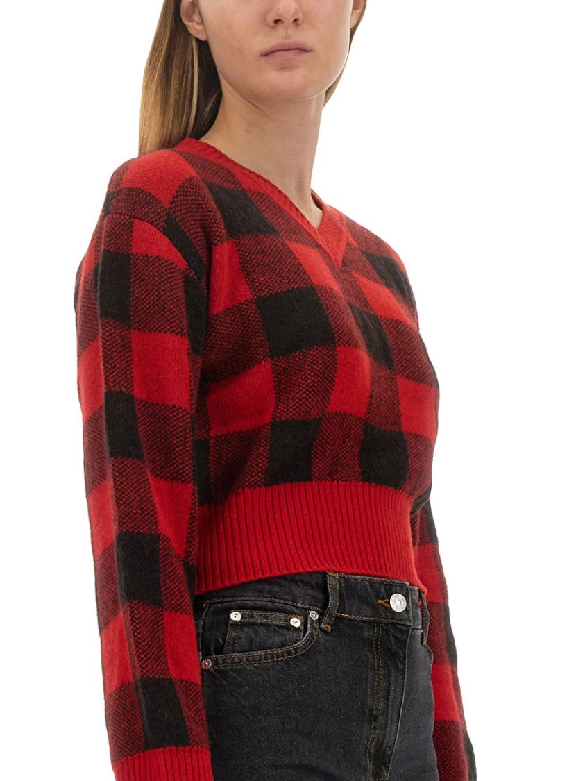 Moschino Cropped V-Neck Sweater With Checkered Pattern