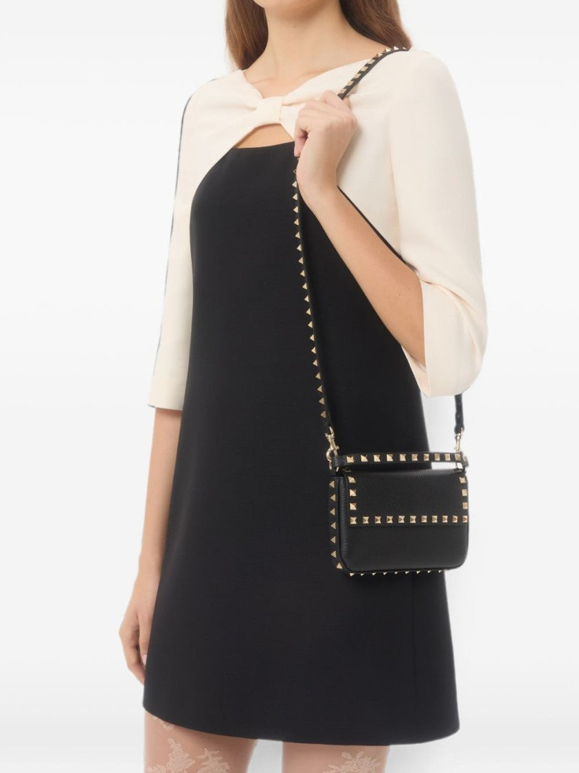 Valentino Garavani Rectangular Black Leather Bag With Gold-Tone Pyramid Studs
