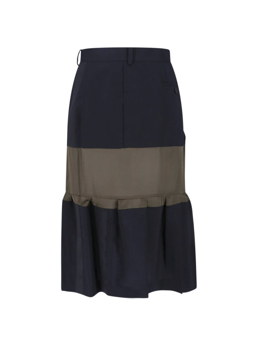 Sacai Black Panel Design Wool Midi Skirt