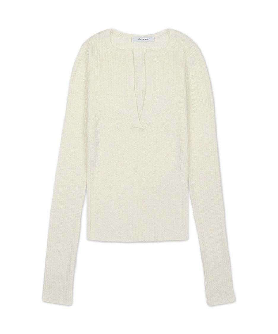 Max Mara Ribbed Silk-Cashmere Blend Sweater With Notch Neckline