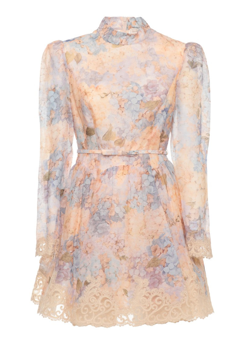 Zimmermann Peach Pink Mini Dress With Ivory Lace And Bow Belt