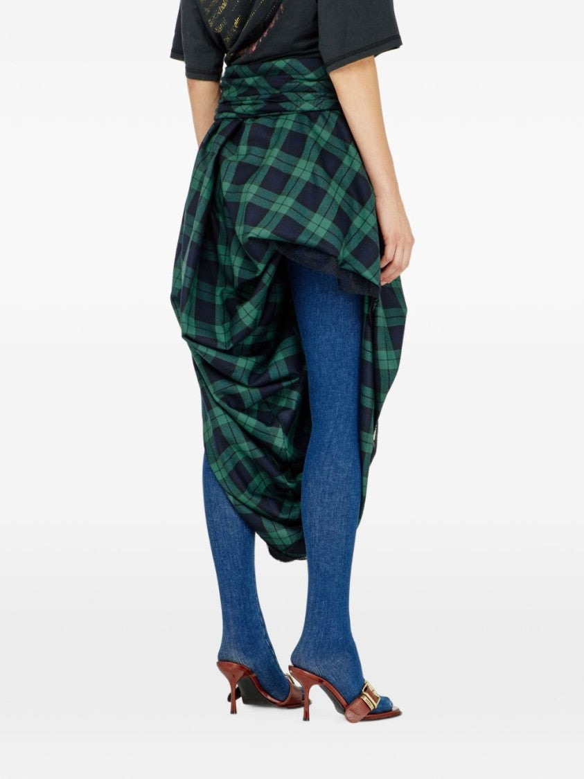 Diesel Draped Asymmetrical Skirt In Green And Black Plaid