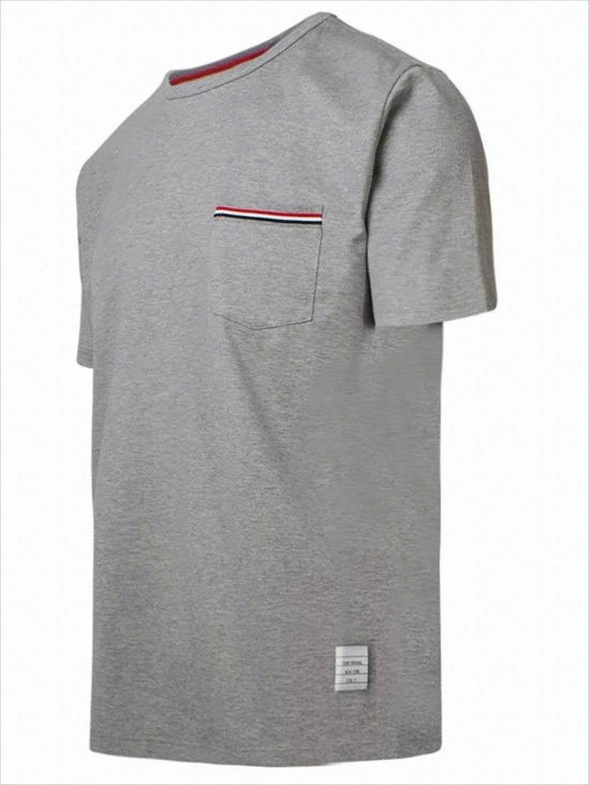 Thom Browne Heather Grey Short-Sleeved T-Shirt With Tricolor Stripe Detail
