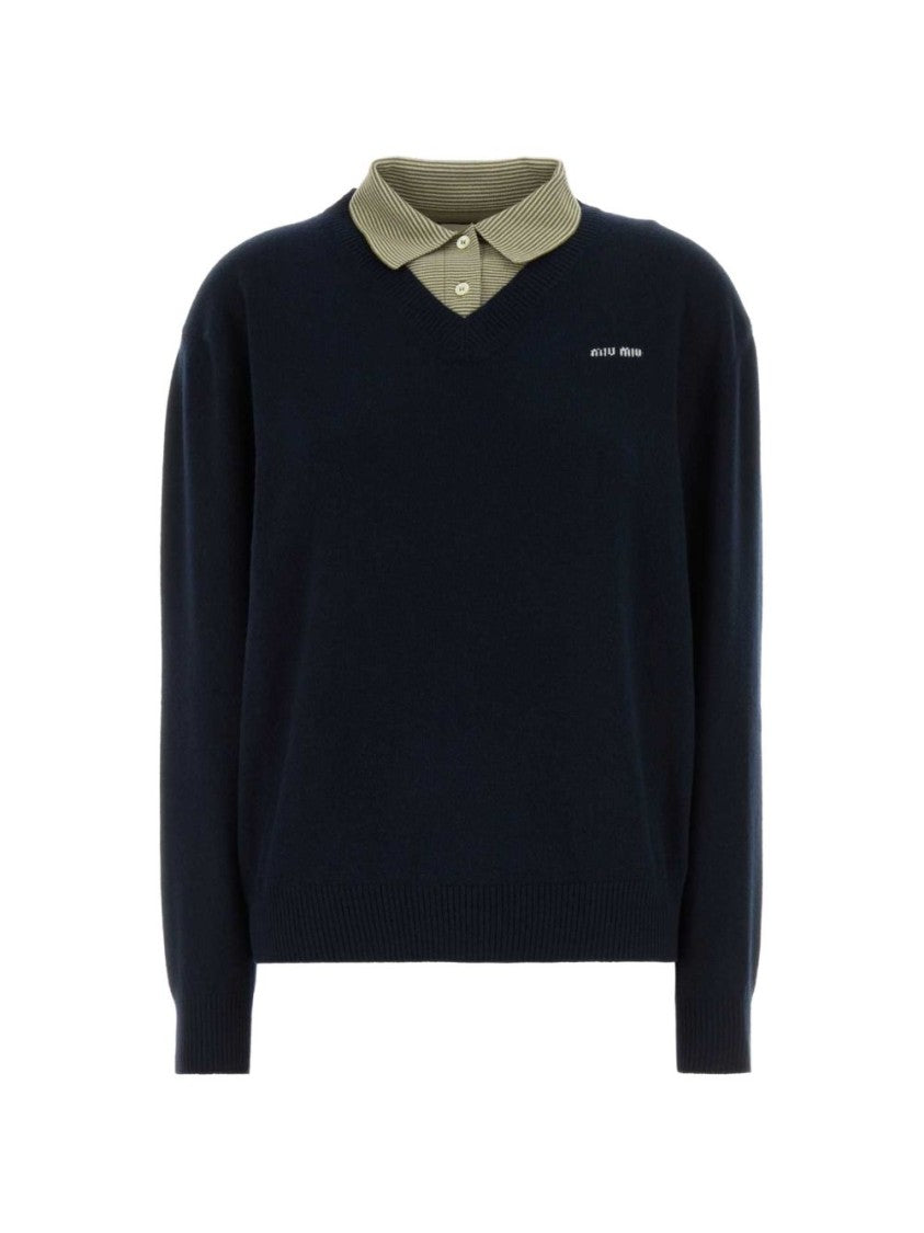 Miu Miu Dark Blue Relaxed-Fit Long-Sleeved Polo Shirt