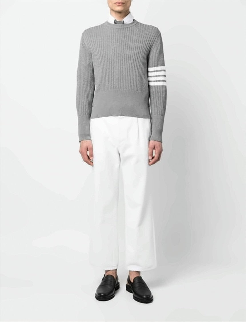 Thom Browne Ribbed Knit Grey Sweater With Distinctive Buttoned Cuffs