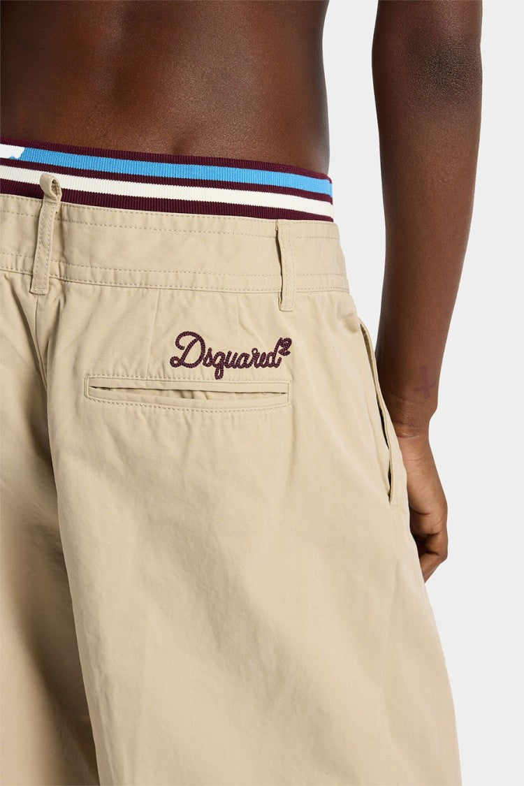 Dsquared2 Beige Contrast Striped Waistband Pleated Cotton Wide-Leg Pants