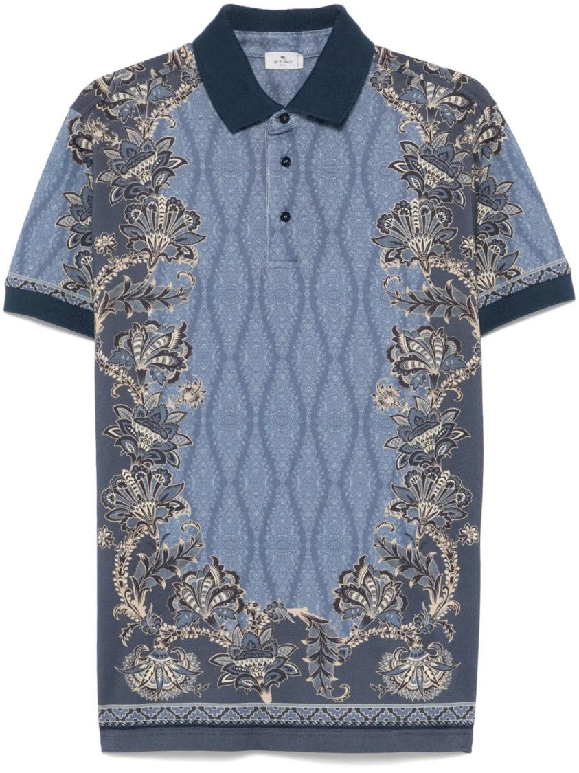 Etro Blue Floral Pattern Short-Sleeve Cotton Polo Shirt