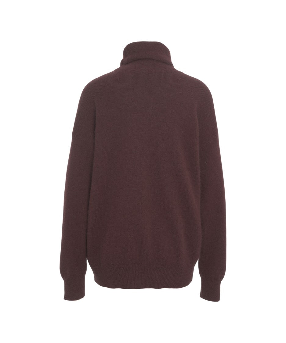 Solotre Burgundy Turtleneck Sweater With Ribbed Detailing