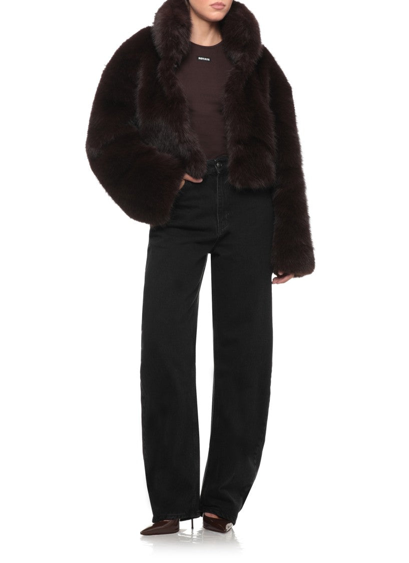 Rotate Brown Cropped High-Neck Fur Jacket