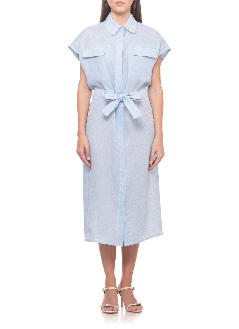 Fabiana Filippi Light Blue Linen Dress With Bright Collar Details And Waist Belt