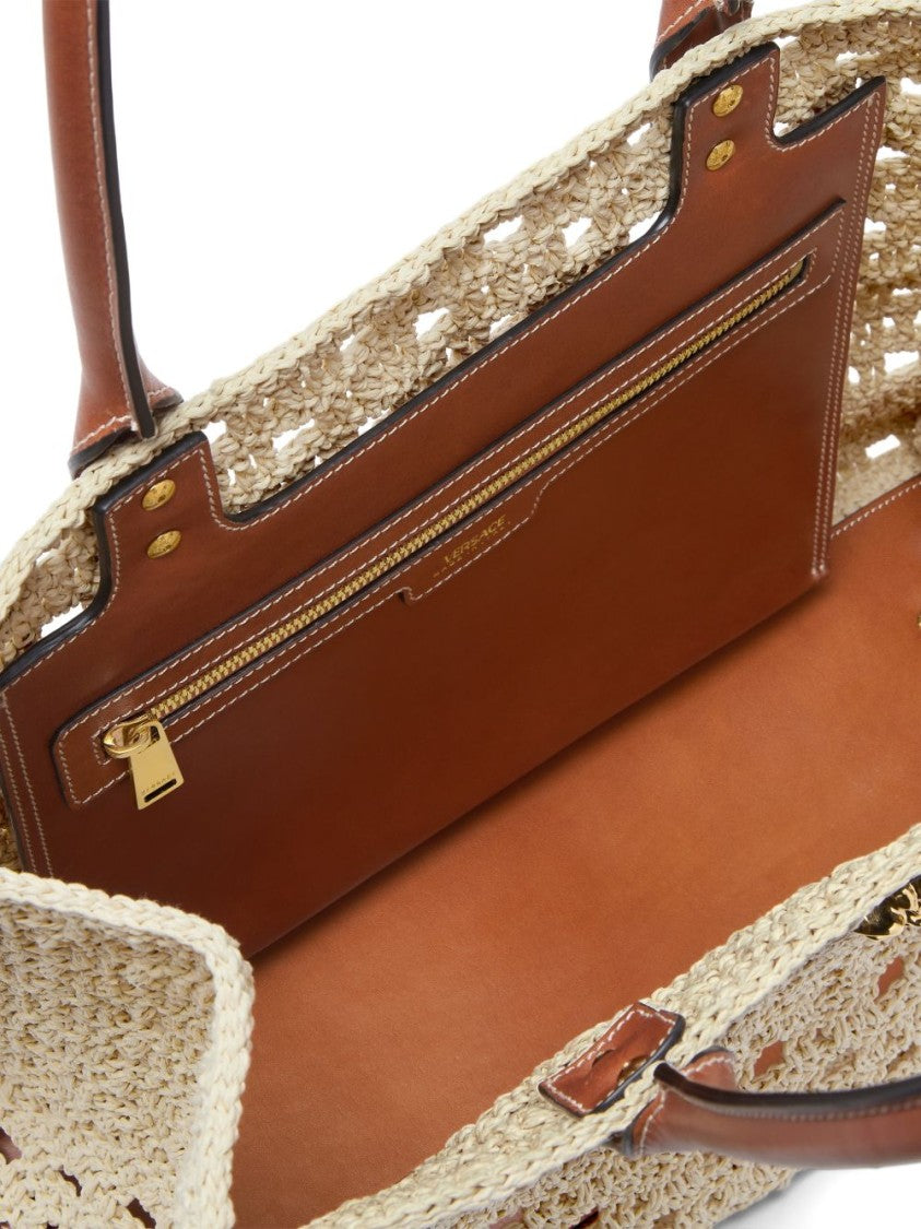 Versace Beige Woven Gold-Tone Tote Bag