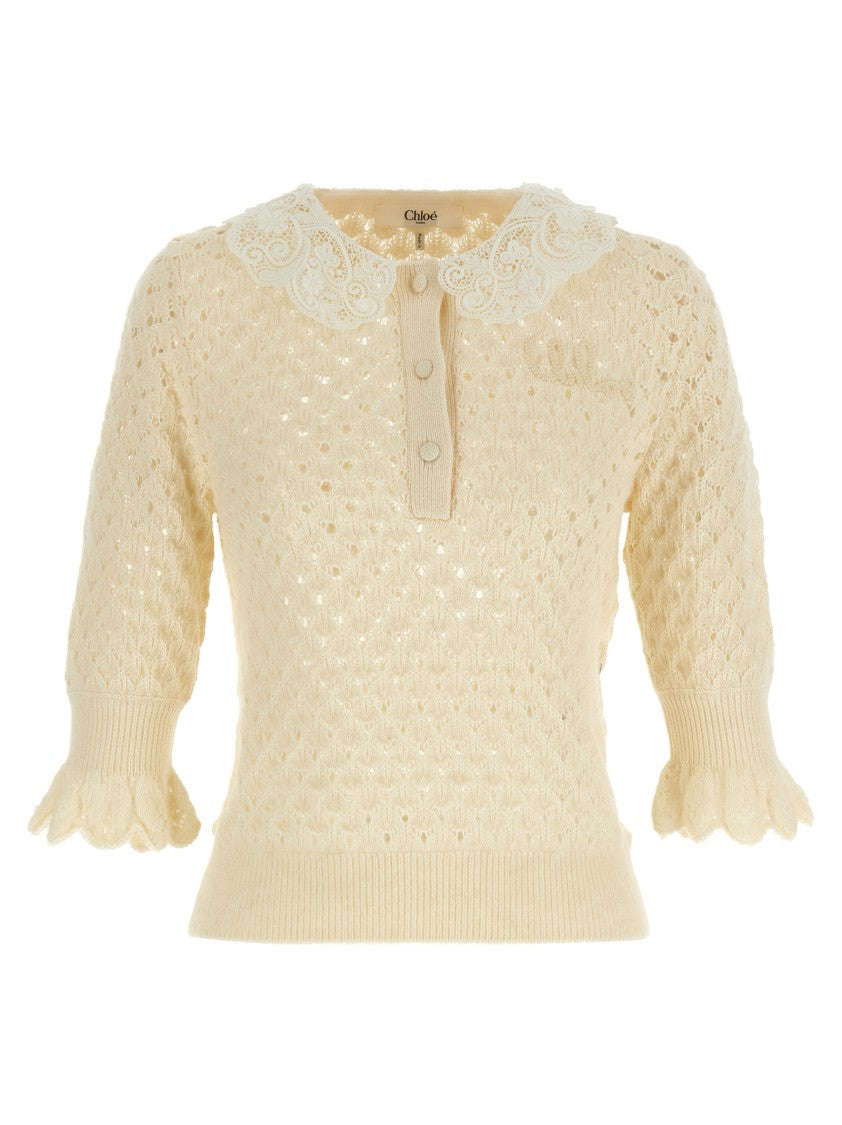 Chloé Pointelle Knit Sweater With Lace Collar