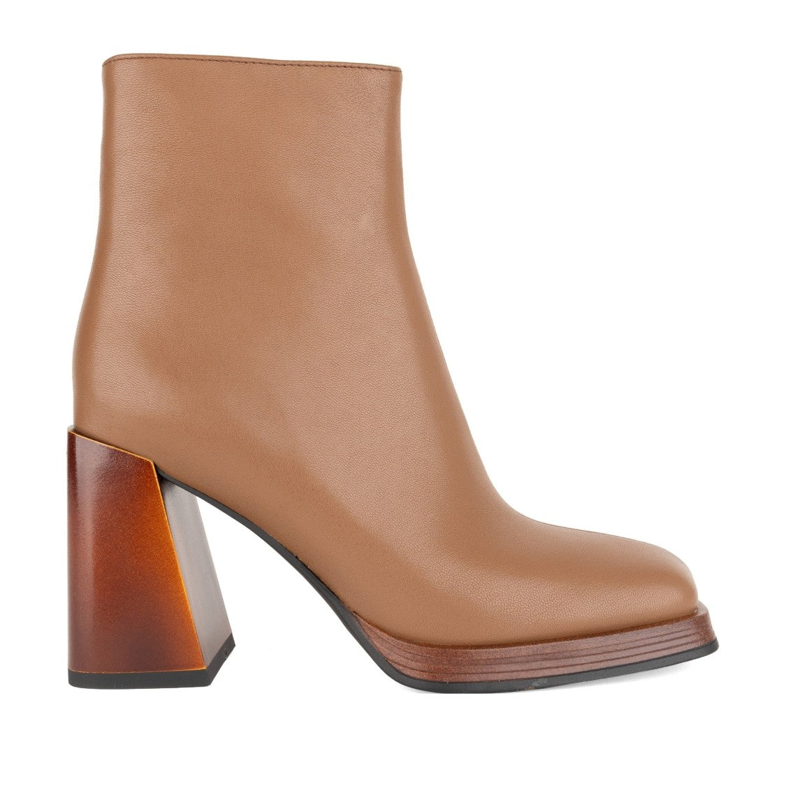 Linda Baumann Beige Smooth Leather Side Zipper Block Heel Boots