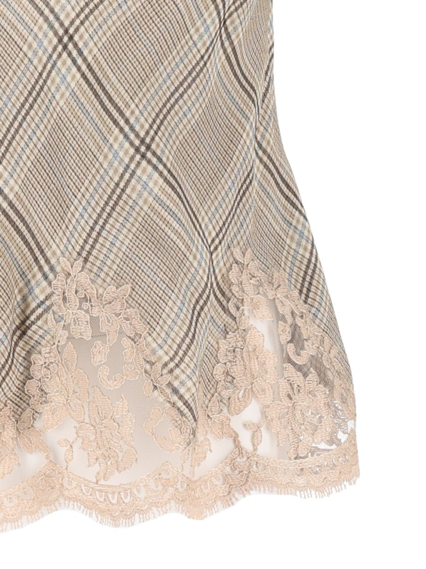 Ermanno Scervino Lace-Trimmed Plaid Flared Tank Top