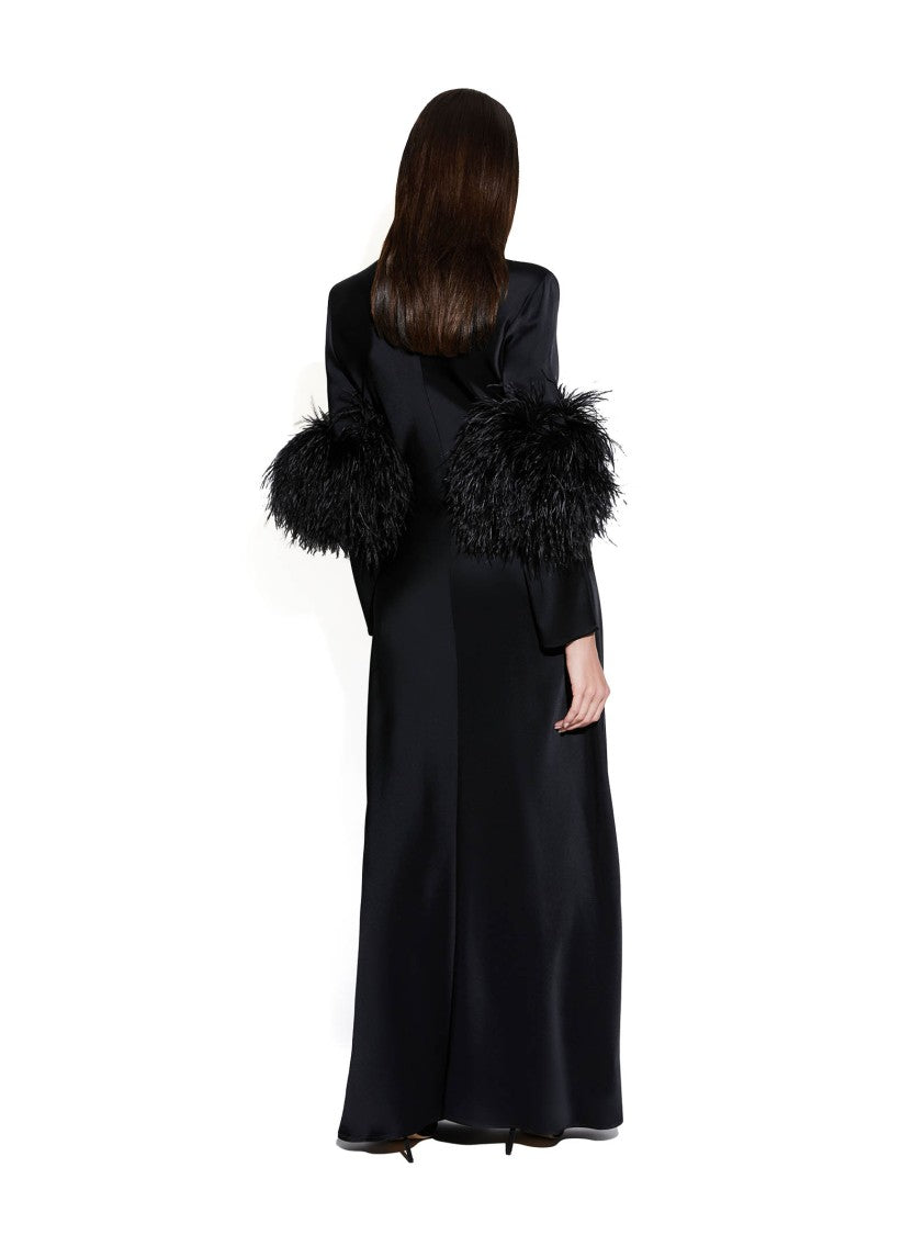 Lapointe Long High-Neck Satin Dress With Feather Details