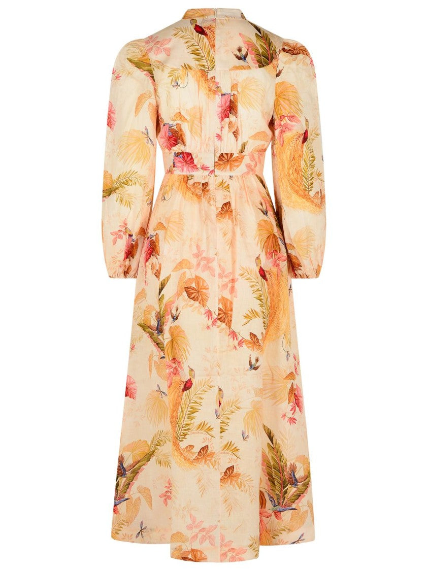 Zimmermann Plunge' Low-Cut Linen Dress In 'Cream Palm Floral'