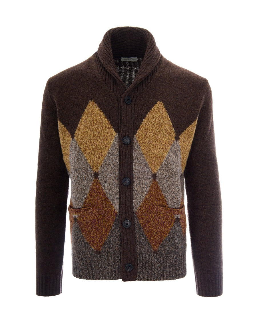 Ballantyne Brown Mouline Intarsia Wool Shawl Collar Cardigan