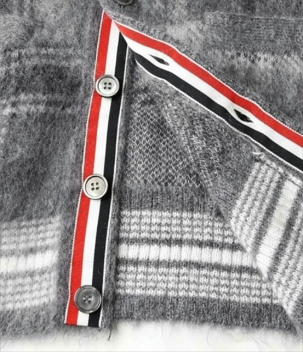 Thom Browne Plaid Textured Knit Cardigan With Contrasting Striped Details