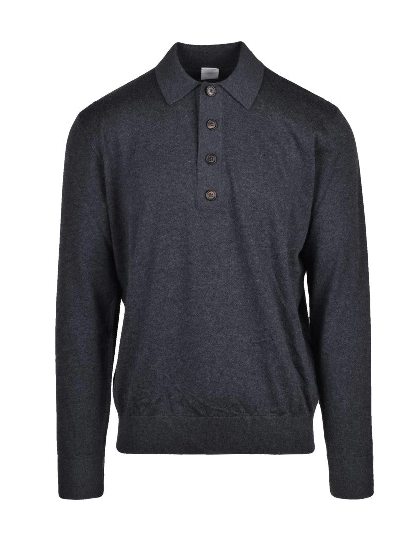 Eleventy Grey Cotton-Blend Knit Polo Shirt