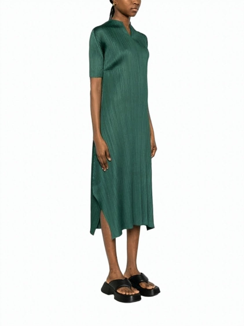 Pleats Please Asymmetrical Midi Dress With Pleated Texture And V-Neckline